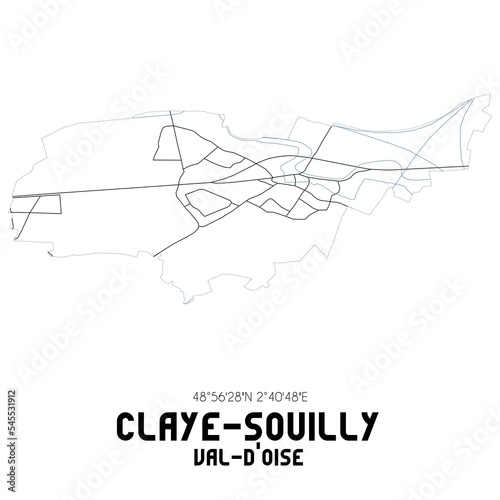 CLAYE-SOUILLY Val-d'Oise. Minimalistic street map with black and white lines.