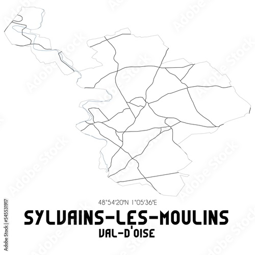 SYLVAINS-LES-MOULINS Val-d'Oise. Minimalistic street map with black and white lines.
