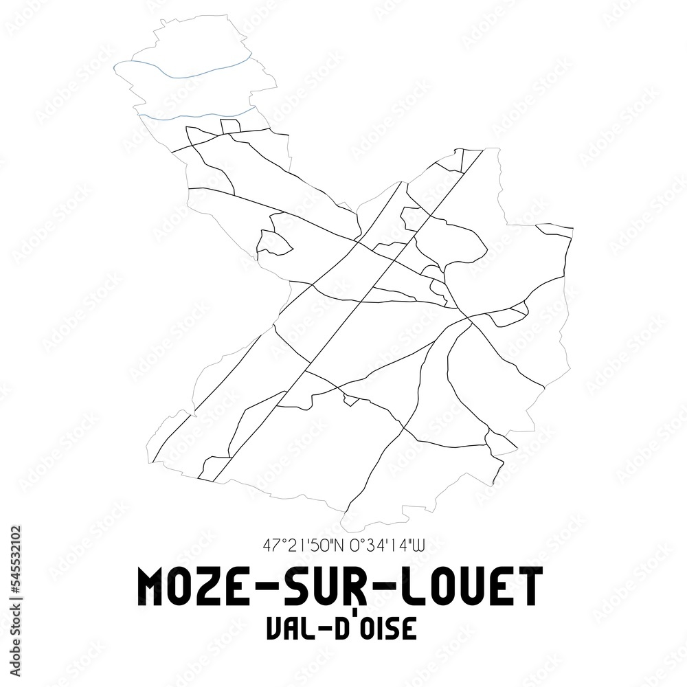 MOZE-SUR-LOUET Val-d'Oise. Minimalistic street map with black and white lines.