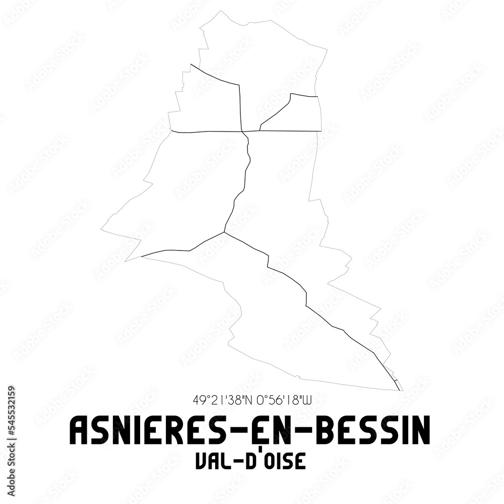 ASNIERES-EN-BESSIN Val-d'Oise. Minimalistic street map with black and white lines. ASNIERES-EN-BESSIN Val-d'Oise. Minimalistic street map with black and white lines.