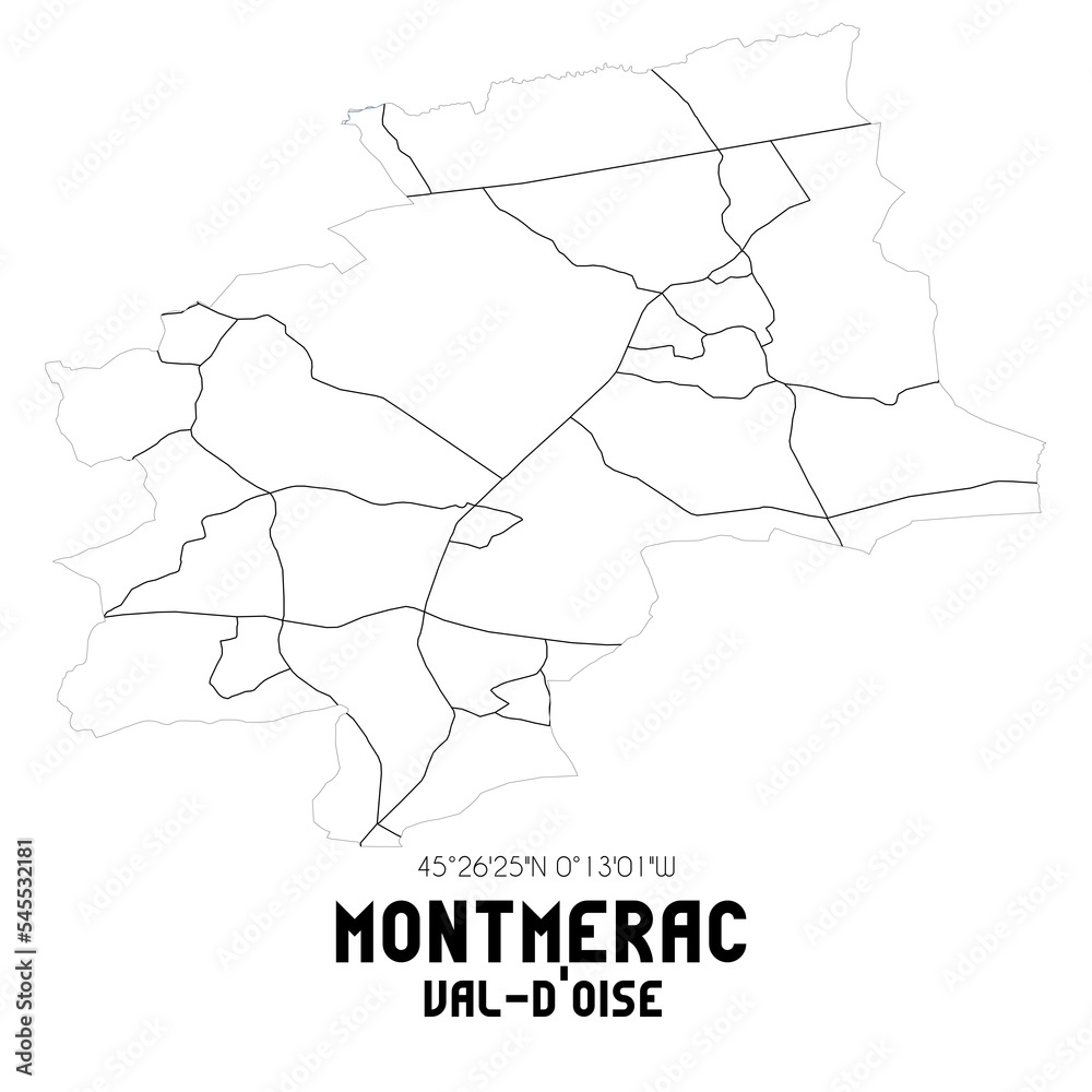 MONTMERAC Val-d'Oise. Minimalistic street map with black and white lines. MONTMERAC Val-d'Oise. Minimalistic street map with black and white lines.