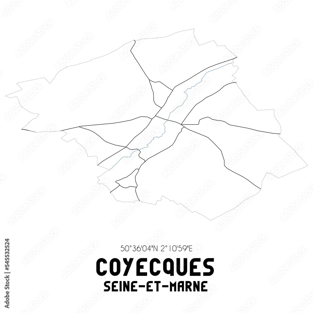 COYECQUES Seine-et-Marne. Minimalistic street map with black and white lines.