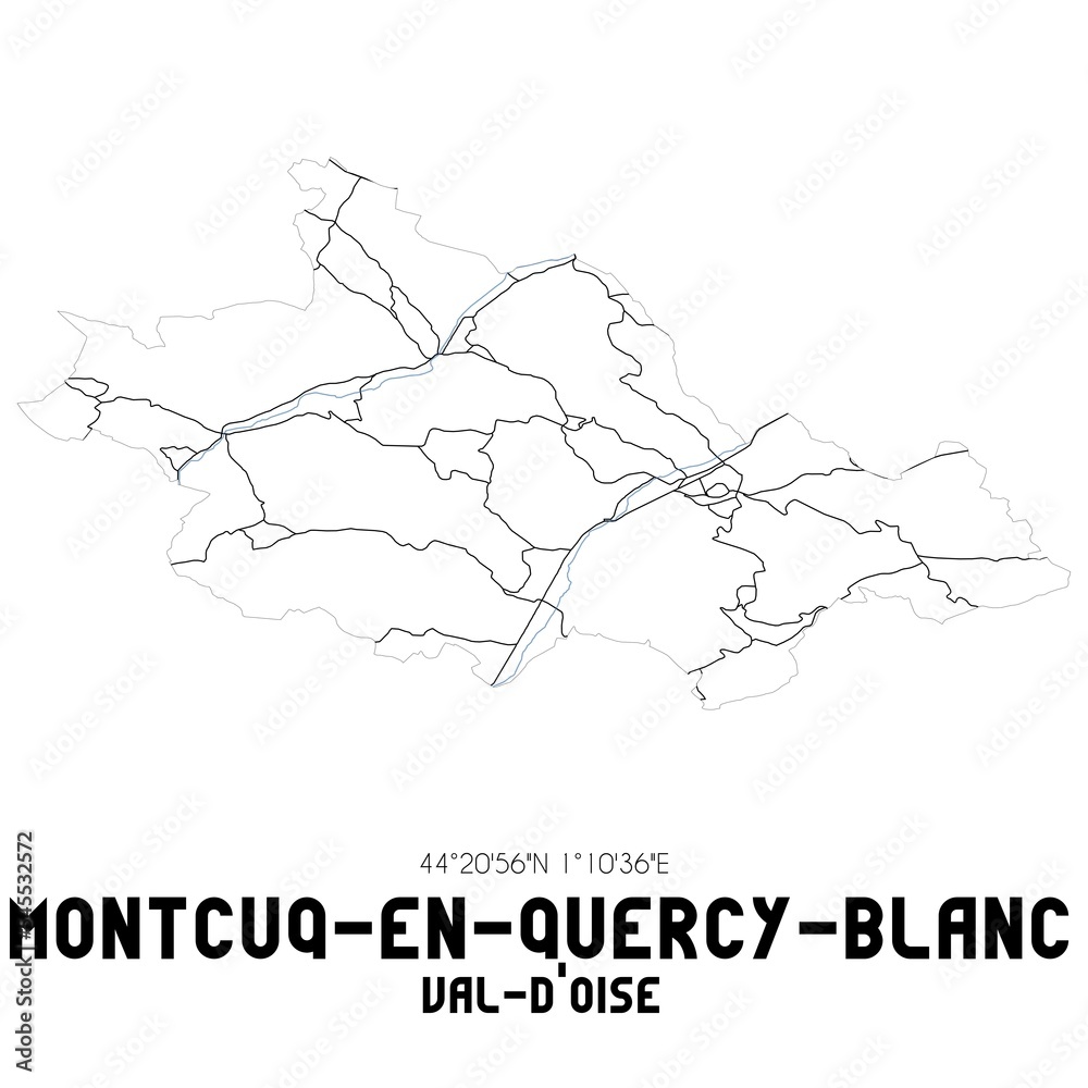 MONTCUQ-EN-QUERCY-BLANC Val-d'Oise. Minimalistic street map with black and white lines.