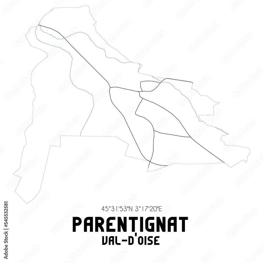 PARENTIGNAT Val-d'Oise. Minimalistic street map with black and white lines. PARENTIGNAT Val-d'Oise. Minimalistic street map with black and white lines.