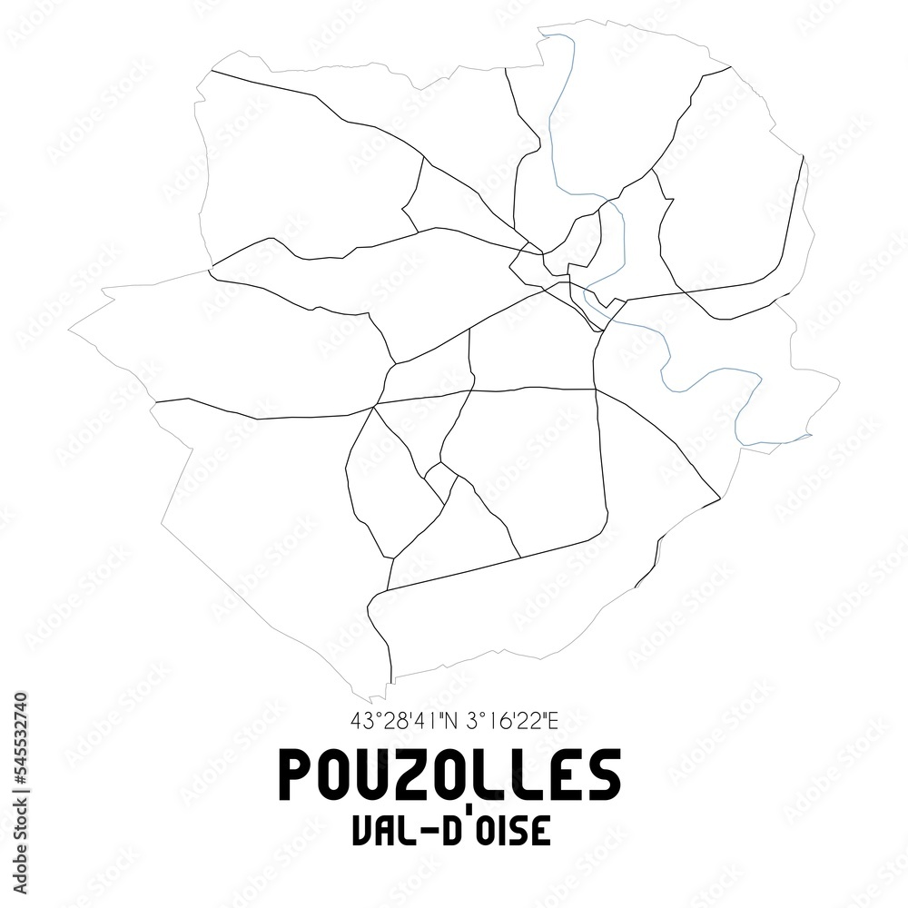 POUZOLLES Val-d'Oise. Minimalistic street map with black and white lines. POUZOLLES Val-d'Oise. Minimalistic street map with black and white lines.
