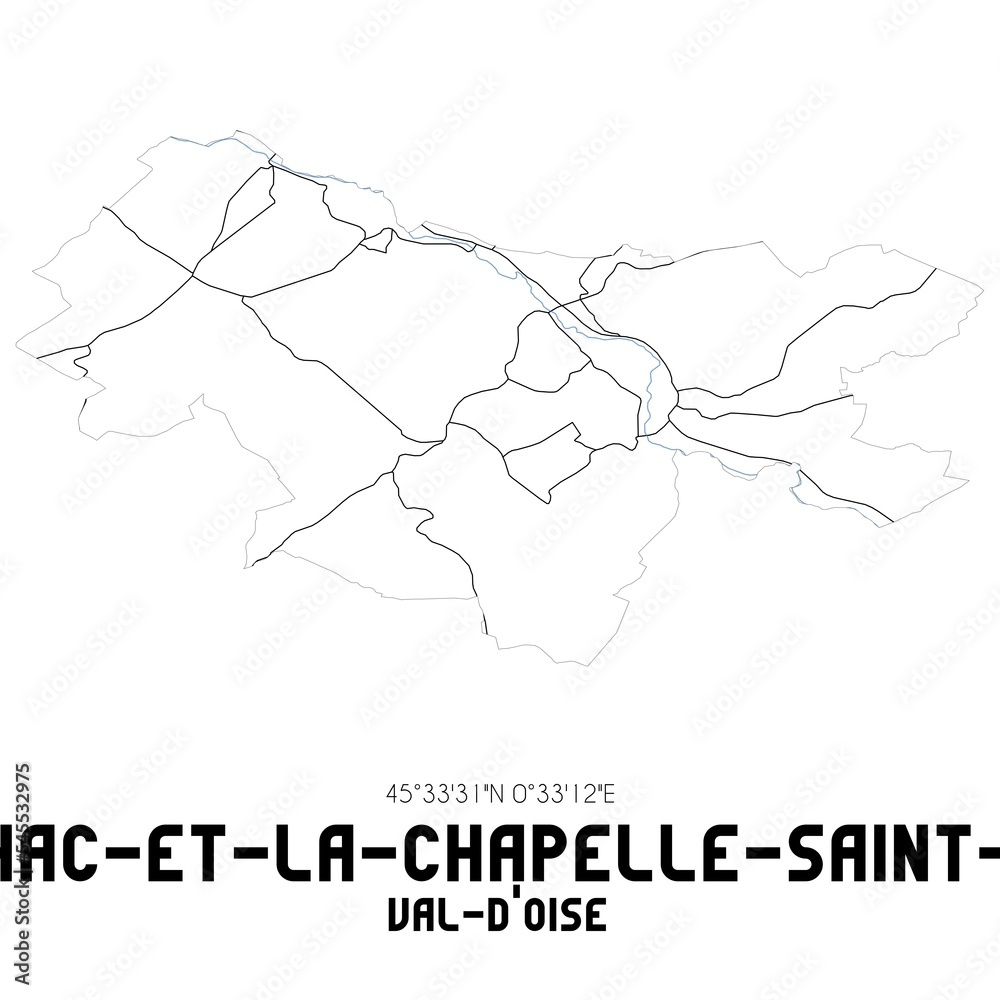 JAVERLHAC-ET-LA-CHAPELLE-SAINT-ROBERT Val-d'Oise. Minimalistic street map with black and white lines.