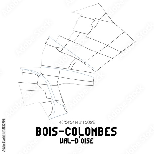 BOIS-COLOMBES Val-d'Oise. Minimalistic street map with black and white lines.
