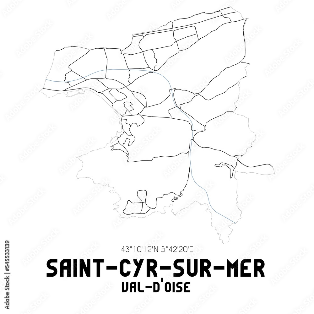 SAINT-CYR-SUR-MER Val-d'Oise. Minimalistic street map with black and white lines.