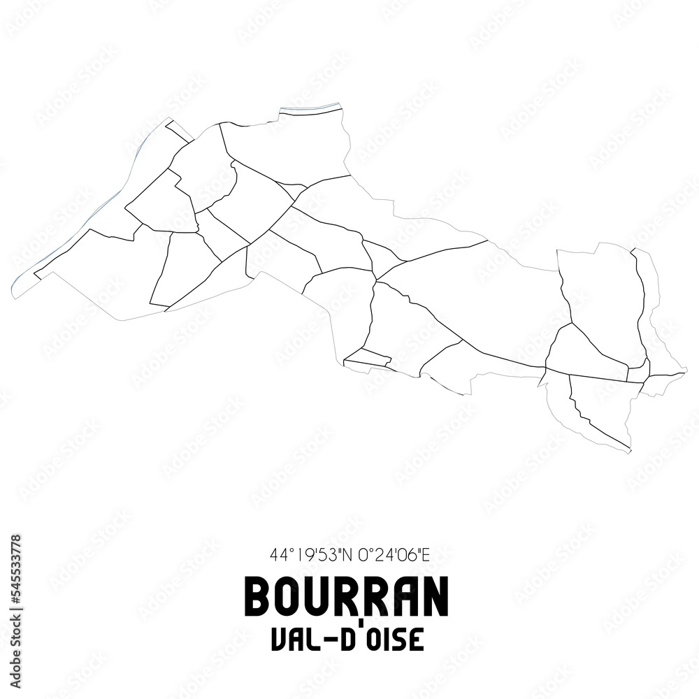 BOURRAN Val-d'Oise. Minimalistic street map with black and white lines. BOURRAN Val-d'Oise. Minimalistic street map with black and white lines.