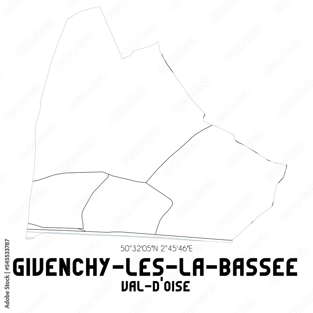 GIVENCHY-LES-LA-BASSEE Val-d'Oise. Minimalistic street map with black and white lines. GIVENCHY-LES-LA-BASSEE Val-d'Oise. Minimalistic street map with black and white lines.