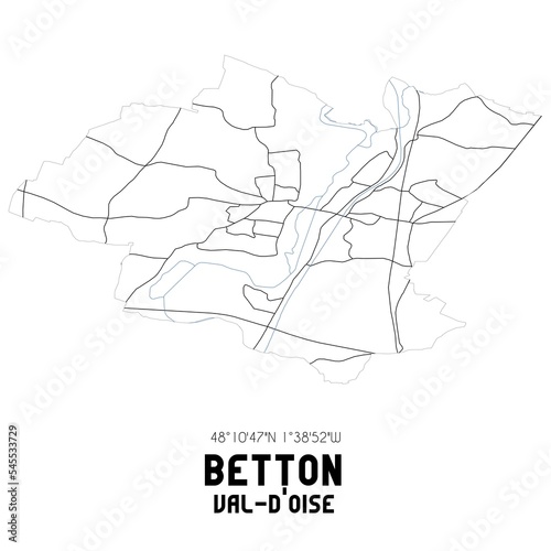 BETTON Val-d Oise. Minimalistic street map with black and white lines.