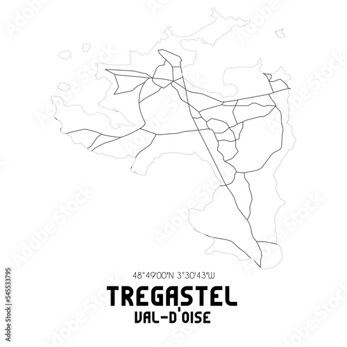 TREGASTEL Val-d Oise. Minimalistic street map with black and white lines.