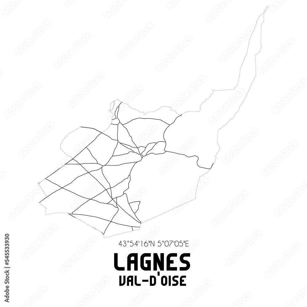 LAGNES Val-d'Oise. Minimalistic street map with black and white lines. LAGNES Val-d'Oise. Minimalistic street map with black and white lines.