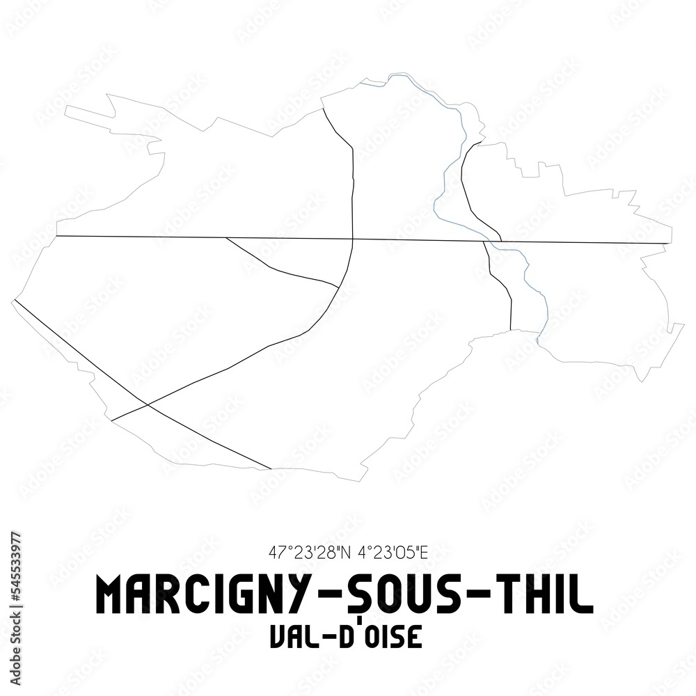 MARCIGNY-SOUS-THIL Val-d'Oise. Minimalistic street map with black and white lines.