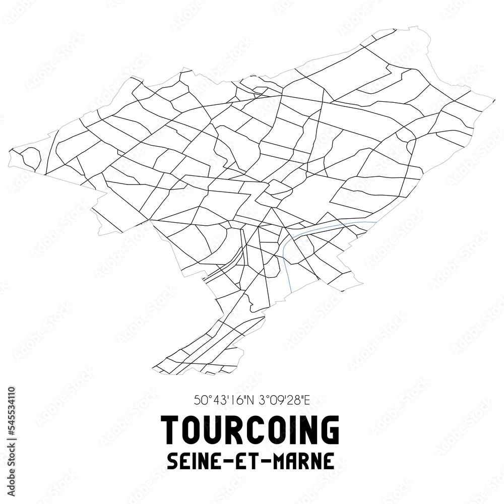 TOURCOING Seine-et-Marne. Minimalistic street map with black and white lines.