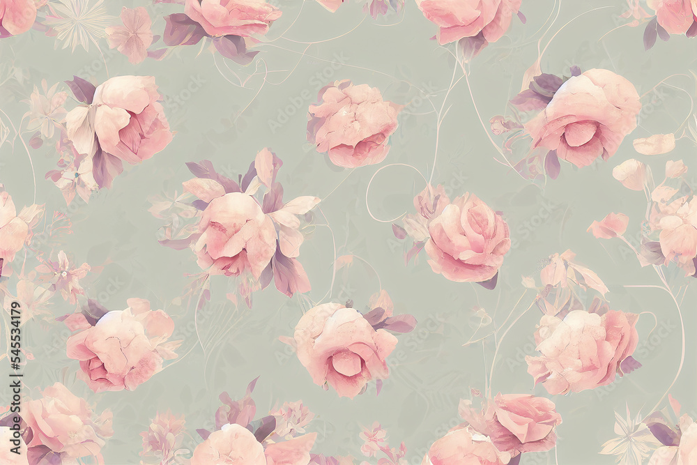 Vintage pink flowers on blue background, seamless pattern