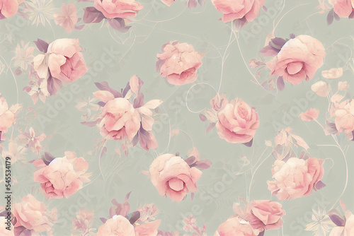 Vintage pink flowers on blue background, seamless pattern