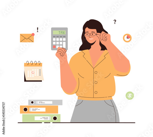Tax calculation. Woman accountant with calculator and documents conducting audit. Budget planning or income management, spending and expense report. Cartoon flat vector illustration