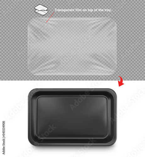 Tray transparent film mockup. Vector illustration. The translucent layer perfectly simulates the top stretched layer of plastic. EPS10.	
