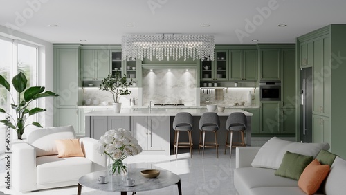 Green kitchen interior with furniture and a large island. 3d render
