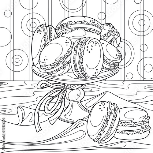 Coloring page for adults. Sweet macaroons on dessert plate.  Vector illustration.