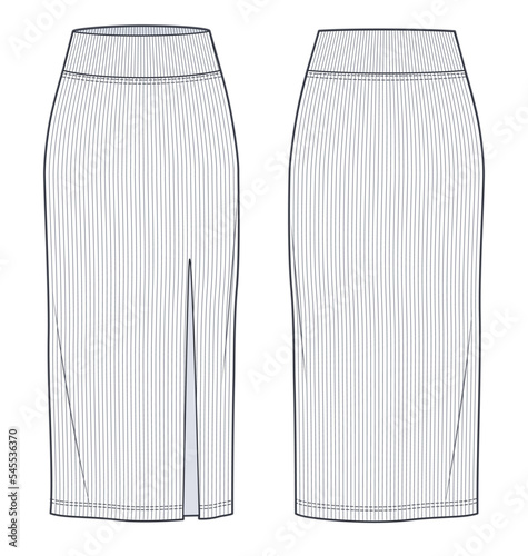 Ribbed Sweater Skirt technical fashion illustration. Women's Jersey Skirt fashion flat technical drawing template, ribbed, slim fit, front slit, front and back view, white, CAD mockup set. photo