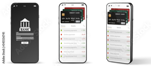 Mobile banking network. Smartphone with internet online bank application. Pig bank with usd money cash on white background. Save currency money wallet.