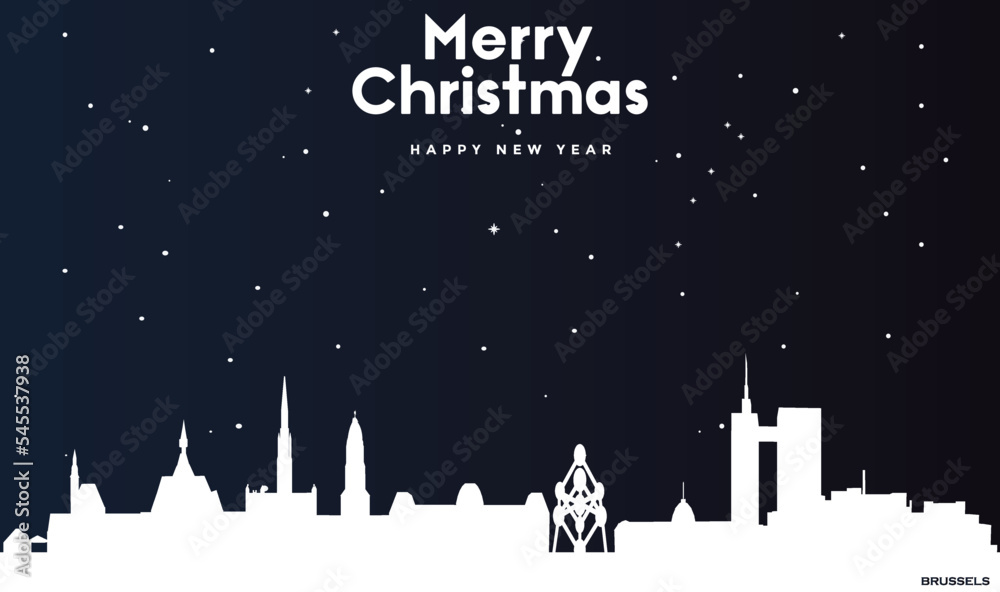Christmas and New year dark blue greeting card with white panorama of Brussels