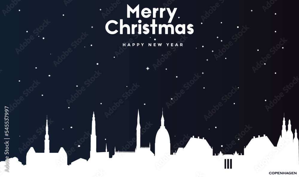 Christmas and New year dark blue greeting card with white panorama of Copenhagen
