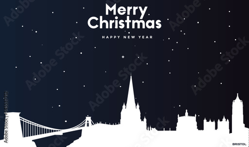 Christmas and New year dark blue greeting card with white panorama of Bristol