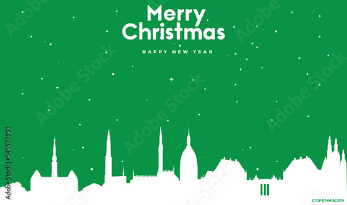 Christmas and New year green greeting card with white panorama of Copenhagen