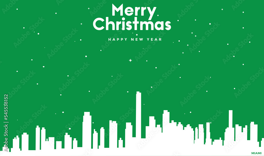 Christmas and New year green greeting card with white panorama of Miami