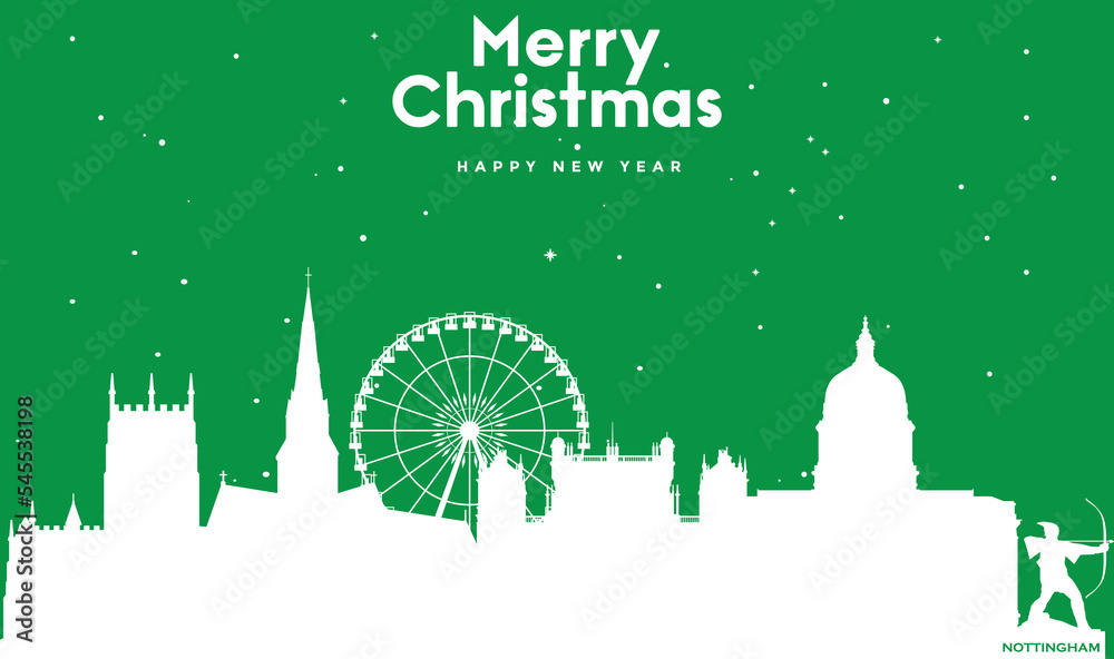 Christmas and New year green greeting card with white panorama of Nottingham Christmas and New year green greeting card with white panorama of Nottingham