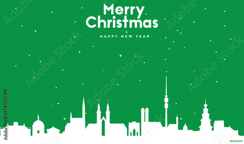 Christmas and New year green greeting card with white panorama of Munich