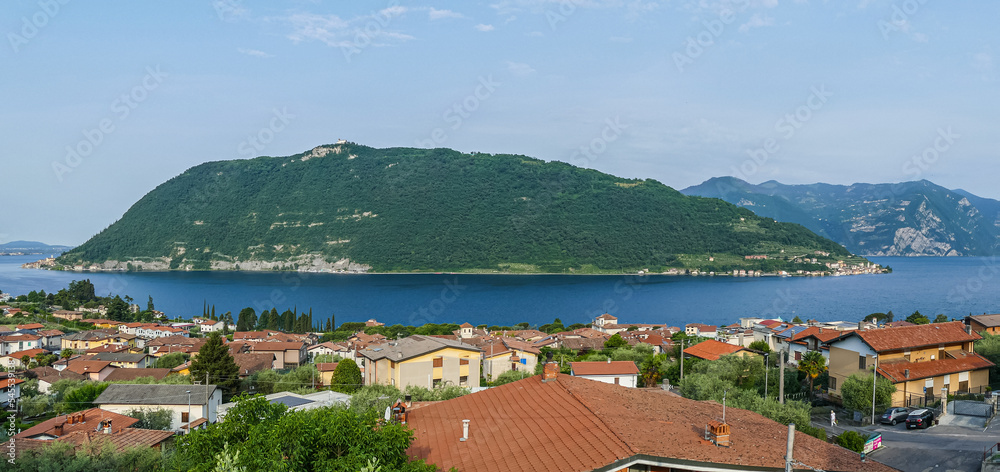 Extra wide view of Monte Isola in the Lake Iseo
