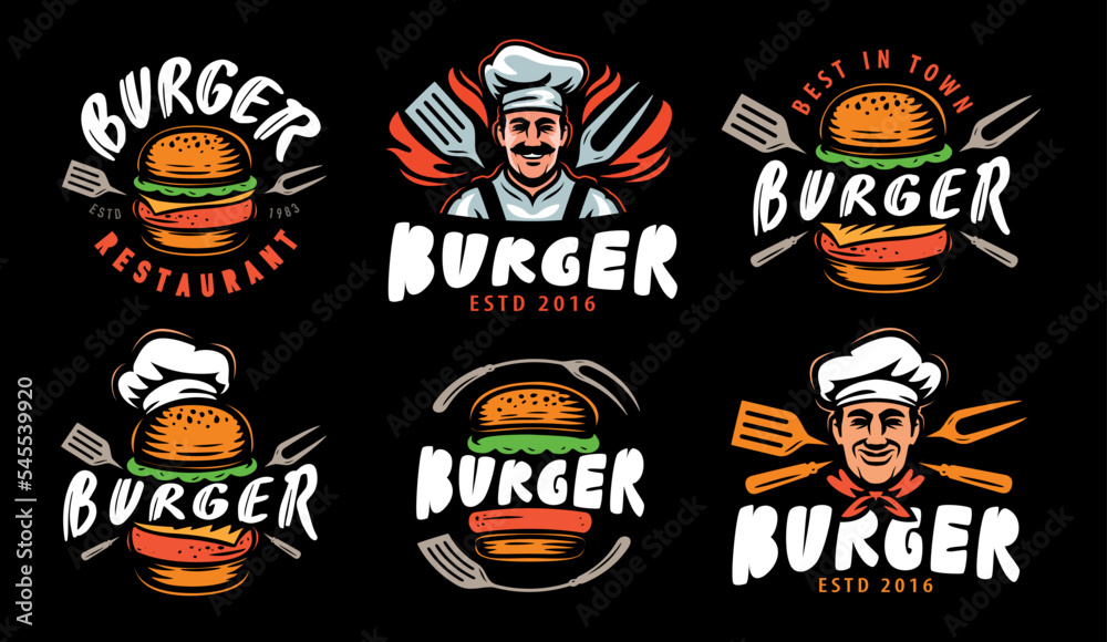 Burger, fast food logo emblem. Set of labels or badges for menu design restaurant or cafe. Vector illustration