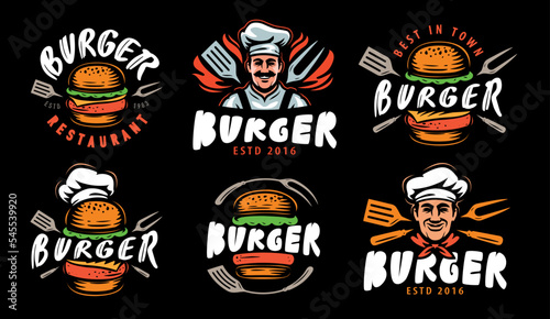 Burger, fast food logo emblem. Set of labels or badges for menu design restaurant or cafe. Vector illustration