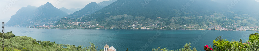 Aerial view of the Brescia coast of  the Lake Iseo from Monte Isola