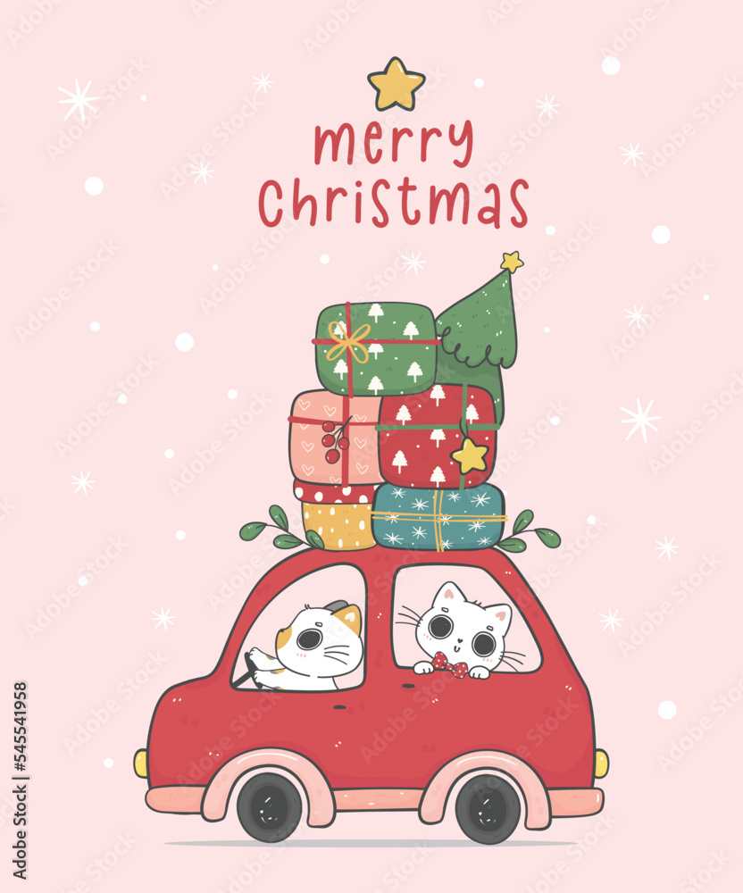 Cute Christmas cats riding in a red car, Winter road trip, kawaii cartoon doodle hand drawing illustration. Perfect for greeting cards, these festive felines capture the joy of the season.