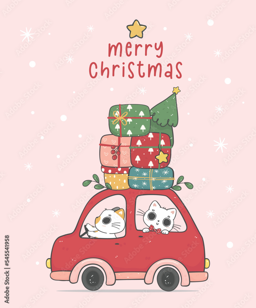 Cute Christmas cats riding in a red car, Winter road trip, kawaii cartoon doodle hand drawing illustration. Perfect for greeting cards, these festive felines capture the joy of the season. Cute Christmas cats riding in a red car, Winter road trip, kawaii cartoon doodle hand drawing illustration. Perfect for greeting cards, these festive felines capture the joy of the season.