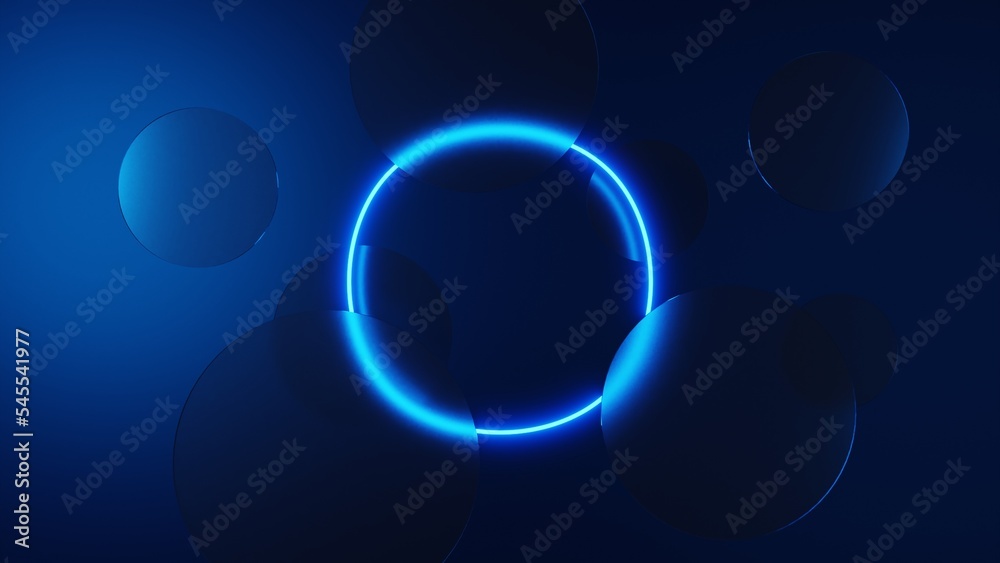 Obraz premium Abstract 3d background with ring light and glass circles hover a blue wall for product display