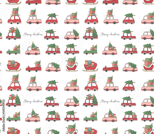 cute Christmas car pattern seamless background doodle cartoon hand drawn collection vector illustration