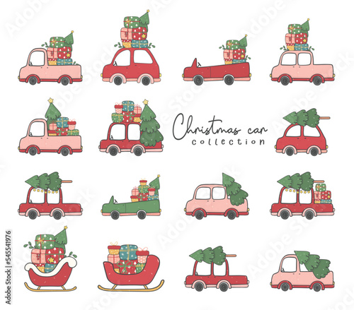 cute Christmas car with christmas tree and gift boxes doodle cartoon hand drawn collection vector illustration