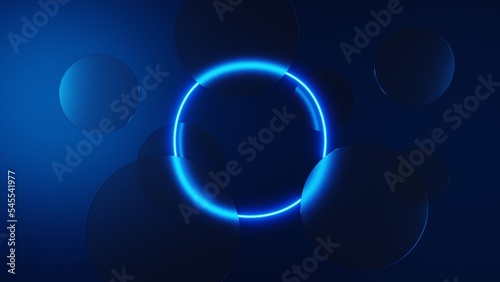 Abstract 3d background with ring light and glass circles hover a blue wall for product display