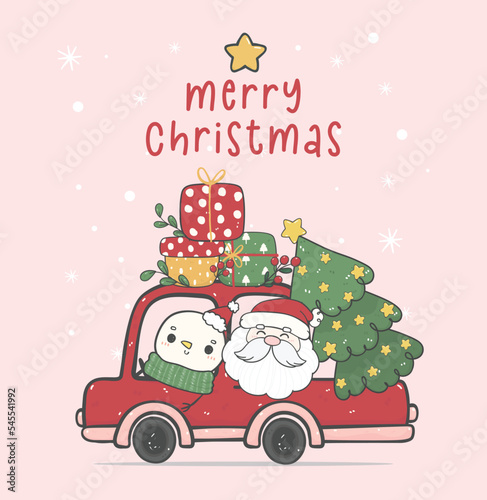 Cute Christmas Cartoon Santa and Snowman in Vintage Car  kawaii doodle hand drawing illustration  adding a touch of whimsy and retro charm to your holiday projects.