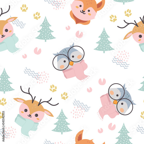 Cute animal winter seamless pattern. Children's pattern with deer, owl and fox for clothes fashion, shirt, fabric, textile, wrapping. Animal head pattern. Vector illustration © LindaAyu