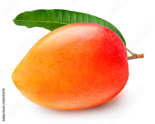 Red Mango fruit with leaf isolated on white background, Fresh Mango fruit on White Background With work path.
