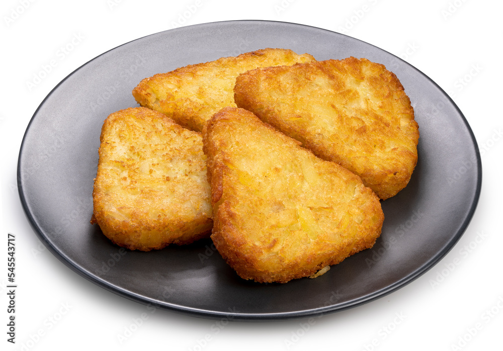 Crispy Hash Browns isolated on white background, Crispy Hash Browns on black plate With clipping path. Crispy Hash Browns isolated on white background, Crispy Hash Browns on black plate With clipping path.