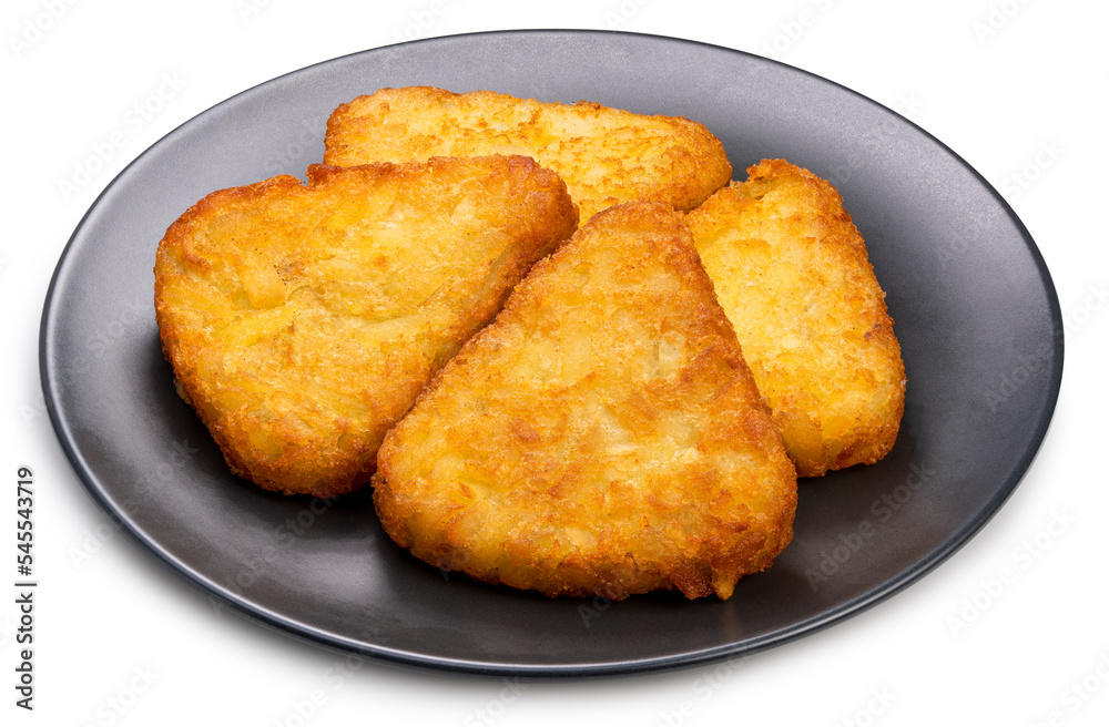 Crispy Hash Browns isolated on white background, Crispy Hash Browns on black plate With clipping path. Crispy Hash Browns isolated on white background, Crispy Hash Browns on black plate With clipping path.