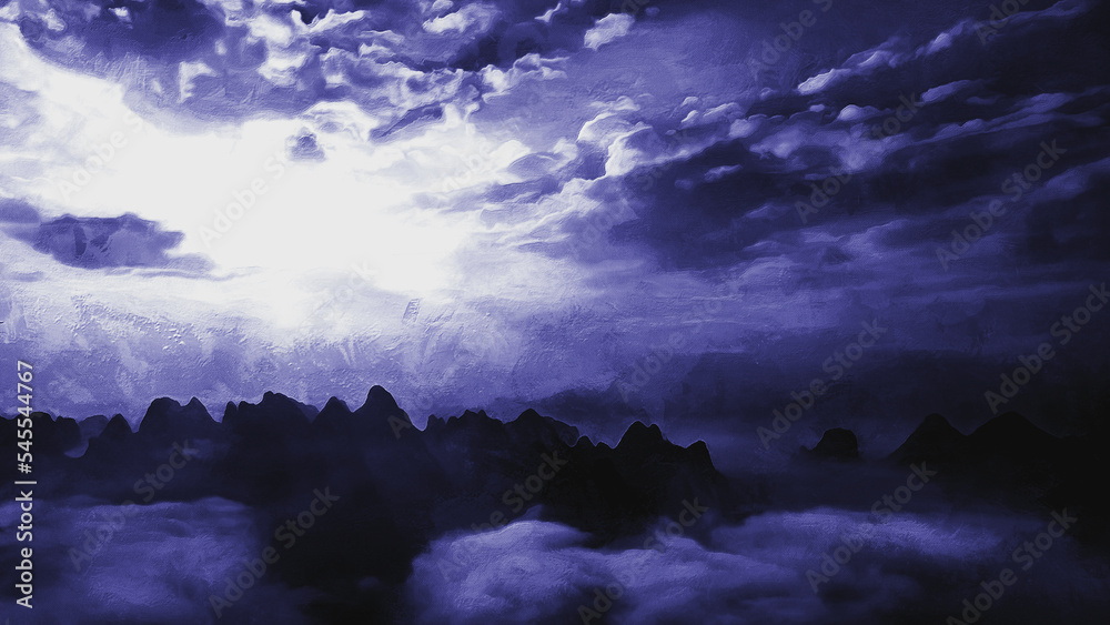 Gloomy clouds over the mountains, panoramic view of the evening sunset, mystical atmosphere
